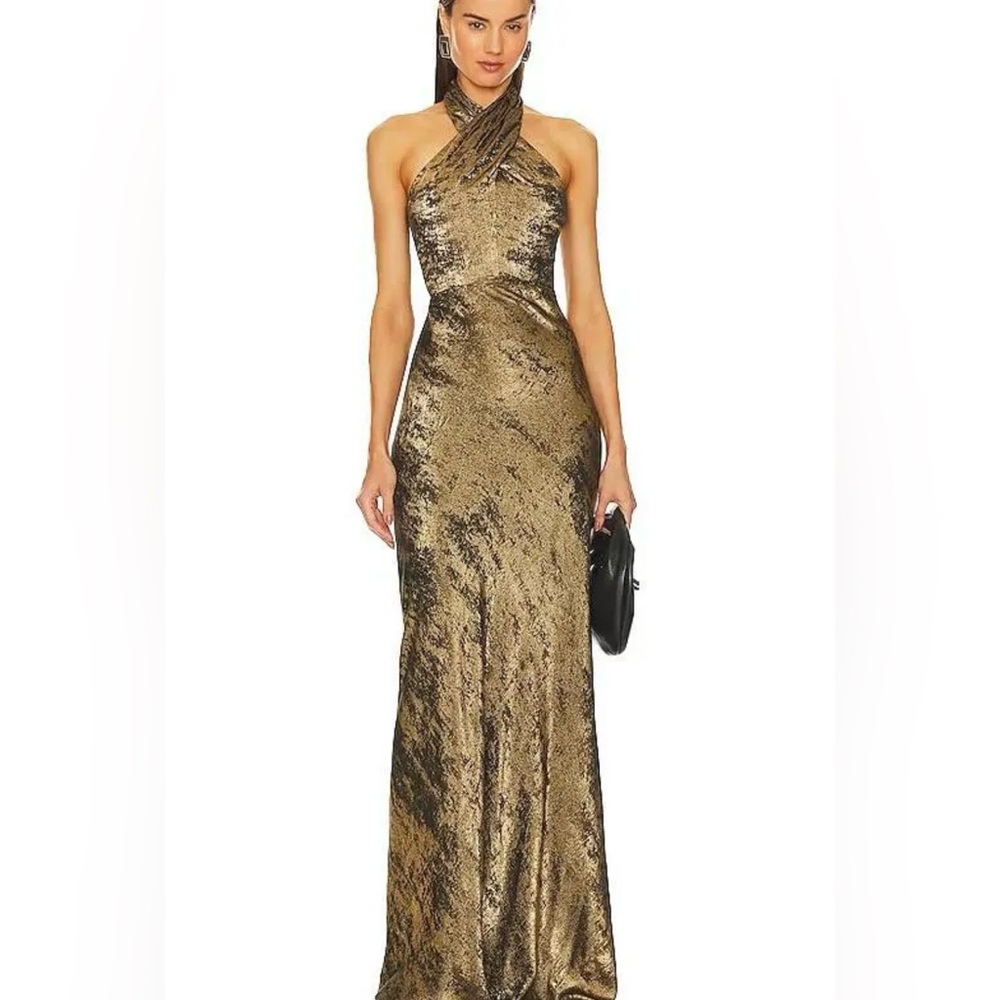 Veronica Beard Gold Metallic Halter Maxi Dress